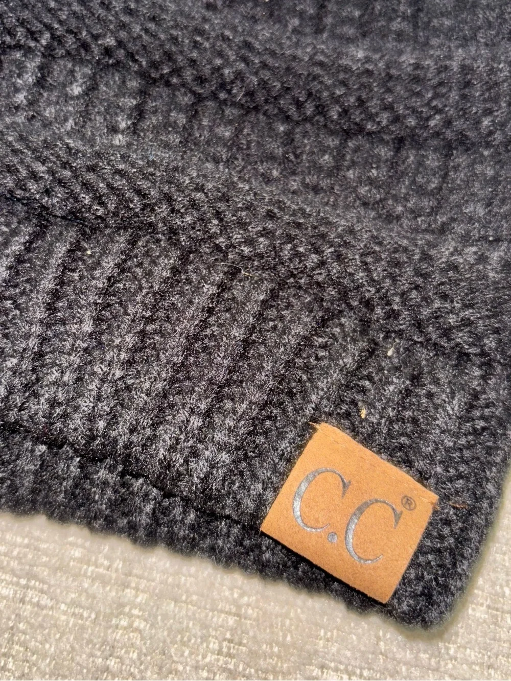 NWT C.C Black Messy Bun Ponytail Beanie Cap Cable Knit Winter Hat Toboggan OS